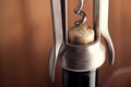 Corkscrew and a glass of wine on an old wooden table Royalty Free Stock Photo