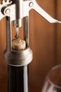 Corkscrew and a glass of wine on old wooden table Royalty Free Stock Photo