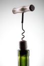Corkscrew inserted into a wine fuse in a bottle Royalty Free Stock Photo