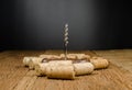 corkscrew for open wine bottle on wooden background Royalty Free Stock Photo