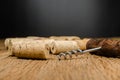 corkscrew for open wine bottle on wooden background Royalty Free Stock Photo