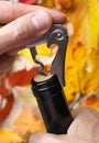 The corkscrew opens a bottle of wine on a festive bright background. Royalty Free Stock Photo