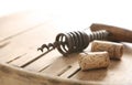 Corkscrew and two corks Royalty Free Stock Photo