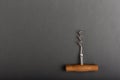 Corkscrew for wine bottle on gray background. Winemaking concept. Space for text Royalty Free Stock Photo