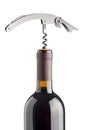 Corkscrew on wine bottle Royalty Free Stock Photo