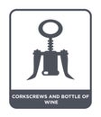 corkscrews and bottle of wine icon in trendy design style. corkscrews and bottle of wine icon isolated on white background.