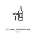 Corkscrews and bottle of wine outline vector icon. Thin line black corkscrews and bottle of wine icon, flat vector simple element