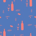 Corkscrews and wine bottles pink silhouette on blue background seamless pattern