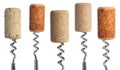 Corkscrews with wine corks on white background