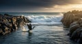 Cormorant Taking Flight from the Water Between Rocky Outcrops at Sunset Royalty Free Stock Photo