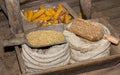 Corn barley and rye grain seeds in the farmer`s barn in ancient times