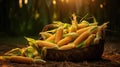 Corn on a basket in the field with mature corn cobs lying on the ground Royalty Free Stock Photo