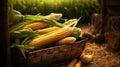 Corn on a basket in the field with mature corn cobs lying on the ground Royalty Free Stock Photo