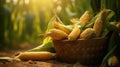 Corn on a basket in the field with mature corn cobs lying on the ground Royalty Free Stock Photo