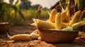 Corn on a basket in the field with mature corn cobs lying on the ground Royalty Free Stock Photo