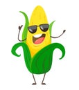 Corn. Cute funny corn in cartoon style with sunglasses. Vector isolate on white background