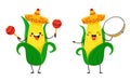 Sweet and funny kawai corn in a sombrero with maracas and tambourine. Vector illustration in cartoon style.