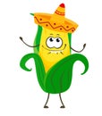 Corn. Cute funny corn in a cartoon Mexican sombrero style. Vector isolate on white background