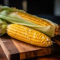 corn in the center of a wooden cutting board