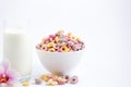 Corn cereal breakfast flake in children cups and milk is a healthy breakfast that is good for your body every day on a white Royalty Free Stock Photo