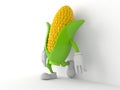 Corn character leaning on wall on white background