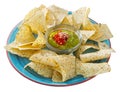 Corn chips nachos on plate with guacamole sauce at plate Royalty Free Stock Photo