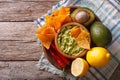 Corn chips, sauce guacamole and ingredients. horizontal top view Royalty Free Stock Photo