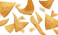 Corn chips of triangular shape levitate on a white background Royalty Free Stock Photo