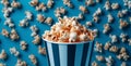popcorn blue cinema object entertainment box white background snack corn food. Generative AI.