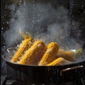 Corn on the cob boiling in a pot with steam rising and water droplets falling Royalty Free Stock Photo