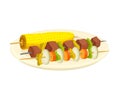 Corn Cob and Shashlik Served on Plate Vector Illustration