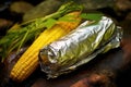 corn on the cob wrapped in foil, cooking in campfire