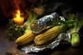 corn on the cob wrapped in foil, cooking in campfire