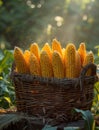 Corn cobs in basket. Fresh corn cobs in basket on wooden table Royalty Free Stock Photo