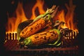 Corn on the cobs cooking on a fiery BBQ grill cob