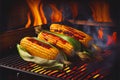 Corn on the cobs cooking on a fiery BBQ grill cob