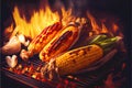 Corn on the cobs cooking on a fiery BBQ grill cob