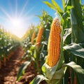 Corn cobs on a corn plantation field, in the bright rays of the sun, absolute reality, highly rendered