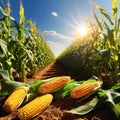 Corn cobs on a corn plantation field, in the bright rays of the sun, absolute reality, highly rendered