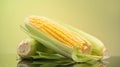 Corn cobs on yellow and green bright background. Fresh raw ripe Sweetcorn closeup. Corn on the cob Royalty Free Stock Photo