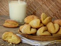 Corn cookies in a basket and a glass of milk