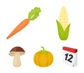 Corn corn, vitamin carrots with tops, pumpkin, forest mushroom. Vegetables set collection icons in cartoon style vector Royalty Free Stock Photo