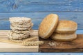 Corn crackers on a blue wooden board. Royalty Free Stock Photo