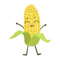 Corn Cute Anime Humanized Smiling Cartoon Vegetable Food Character Emoji Vector Illustration