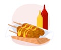 Corn dog illustration. Corn dogs with ketchup and mustard. Asian korean