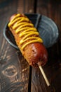 Corn dog with mustard on stick in black bowl on wooden background Royalty Free Stock Photo