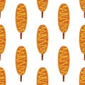 Corn dog seamless vector pattern. Delicious deep-fried sausage in dough. Hot snack with ketchup, mustard, sesame. Street fast food