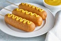 Corn dog traditional American corndog junk food fried hotdog sausage snack with mustard Royalty Free Stock Photo