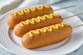 Corn dog traditional American corndog street junk food deep fried hotdog meat sausage snack with mustard on top Royalty Free Stock Photo