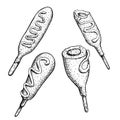 Corn dogs set. Hand drawn sketch style illustrations of street fast food. Whole and half-eaten with ketchup, mayonnaise or mustard Royalty Free Stock Photo